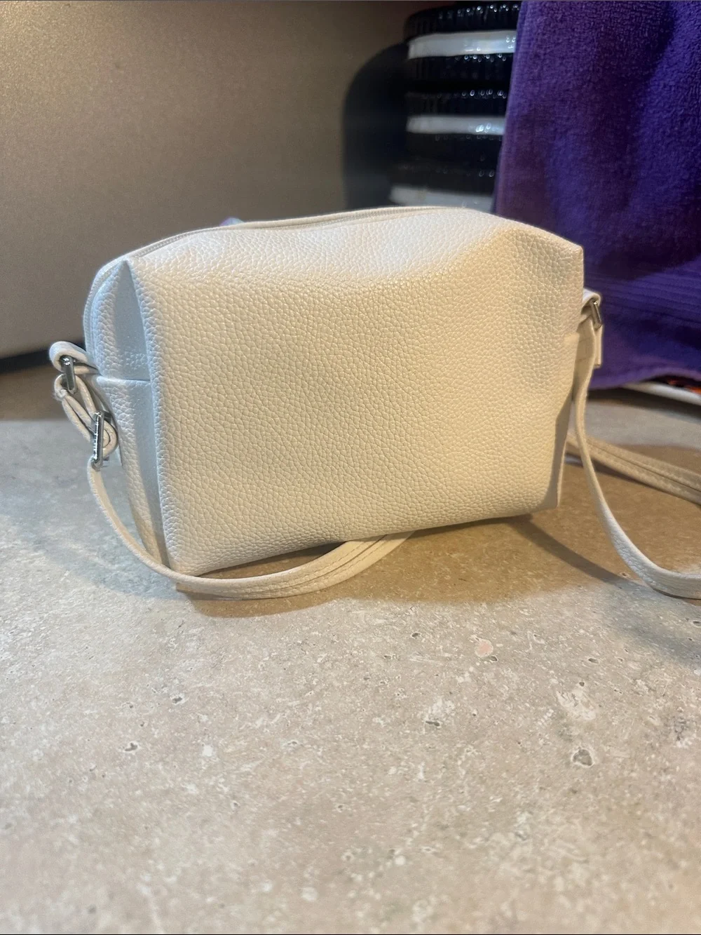 White Puppy Face Crossbody Bag with Rainbow Ears. Inside show the picture. Stain